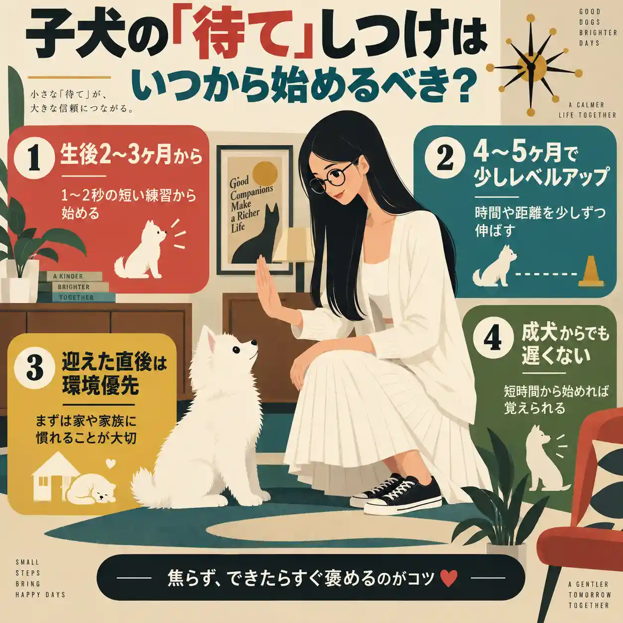 子犬に「待て」を教える時期の目安を、飼い主の女性と白い子犬のイラストで示したインフォグラフィック もう少し短めならこちらでも自然です。