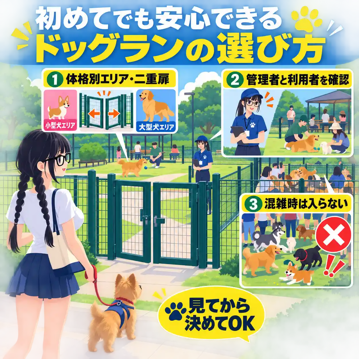 ドッグランの外から体格別エリアや混雑状況を確認する女性とノーフォークテリアのイラスト