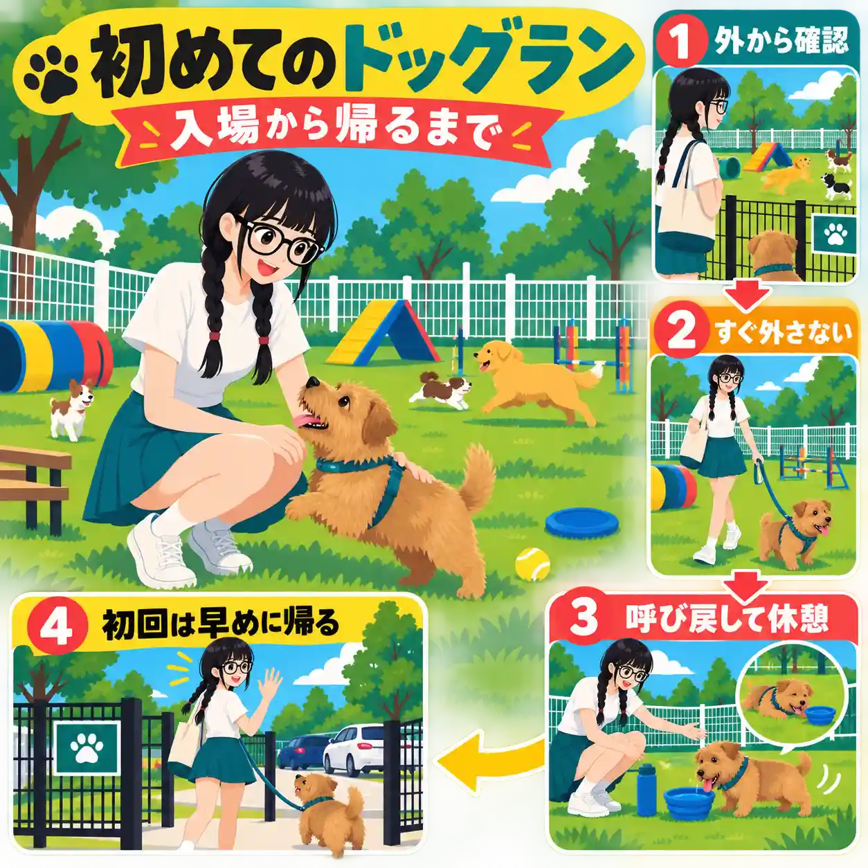 初めてのドッグランでノーフォークテリアと楽しむ女性、入場から帰るまでの流れを示すイラスト