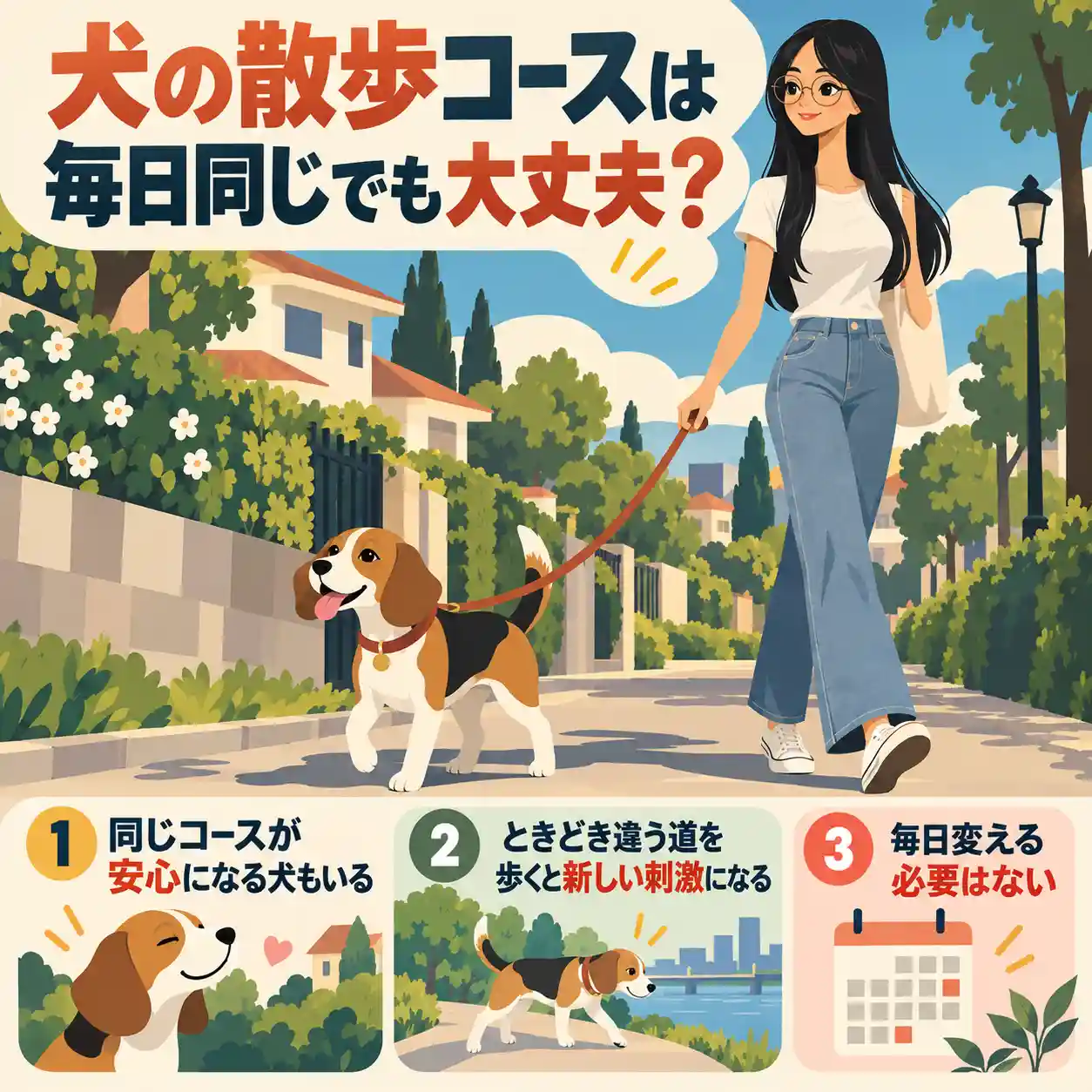 犬の散歩コースはまいにちおなじでもOKなのかを説明するインフォグラフィック