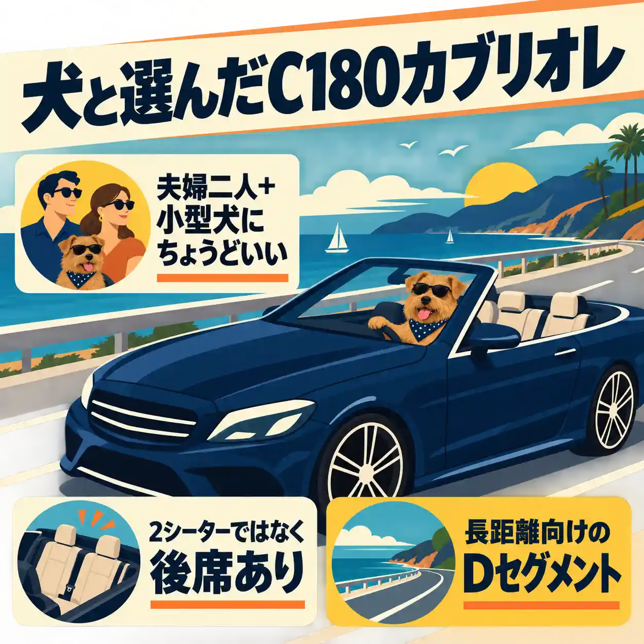 ノーフォークテリアが運転するC180カブリオレと後席を選んだ3つの理由のインフォグラフィック