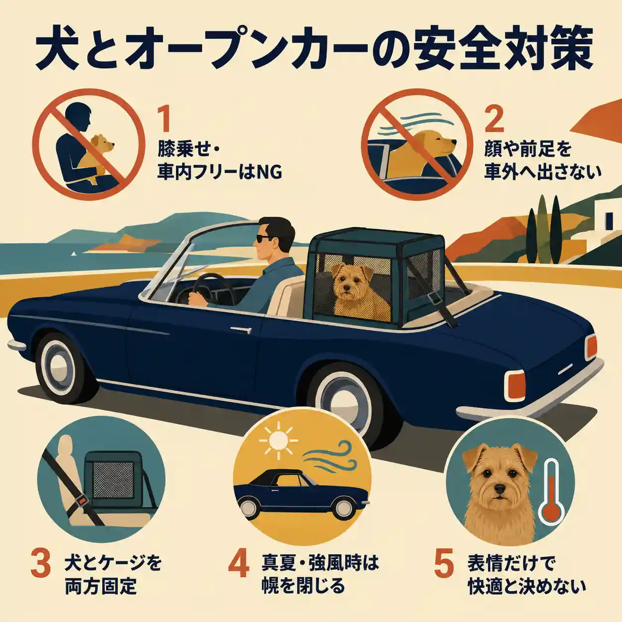 後席のメッシュケージに入ったノーフォークテリアとオープンカーの5つの安全対策を示すインフォグラフィック