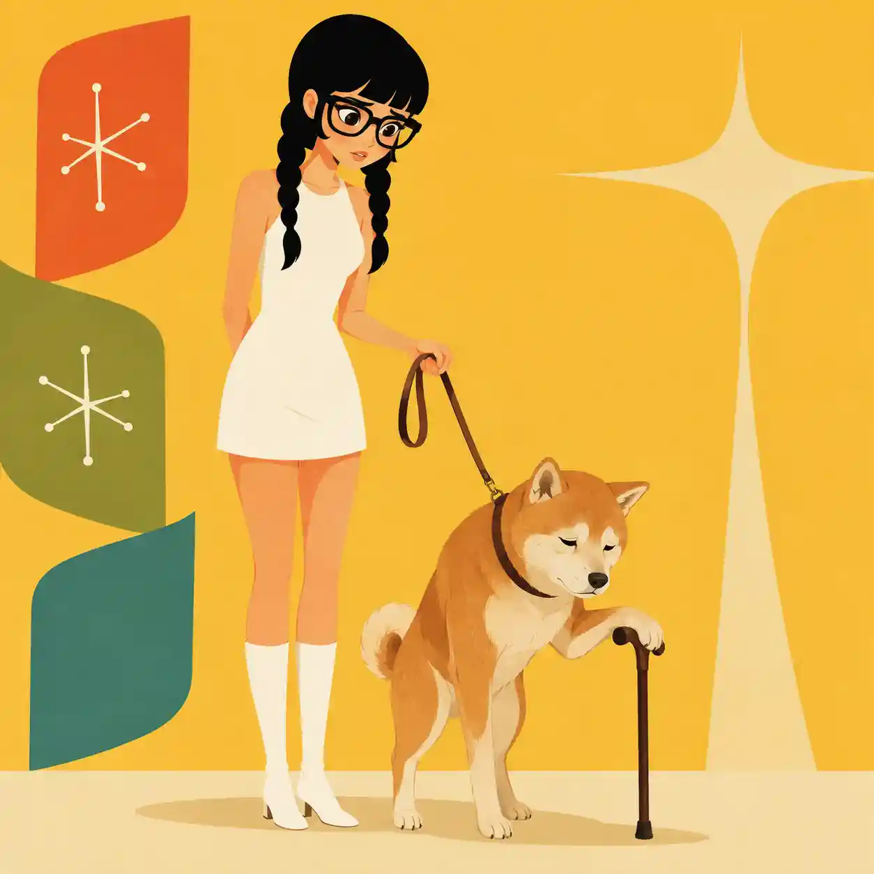 柴犬の老犬都散歩中女子