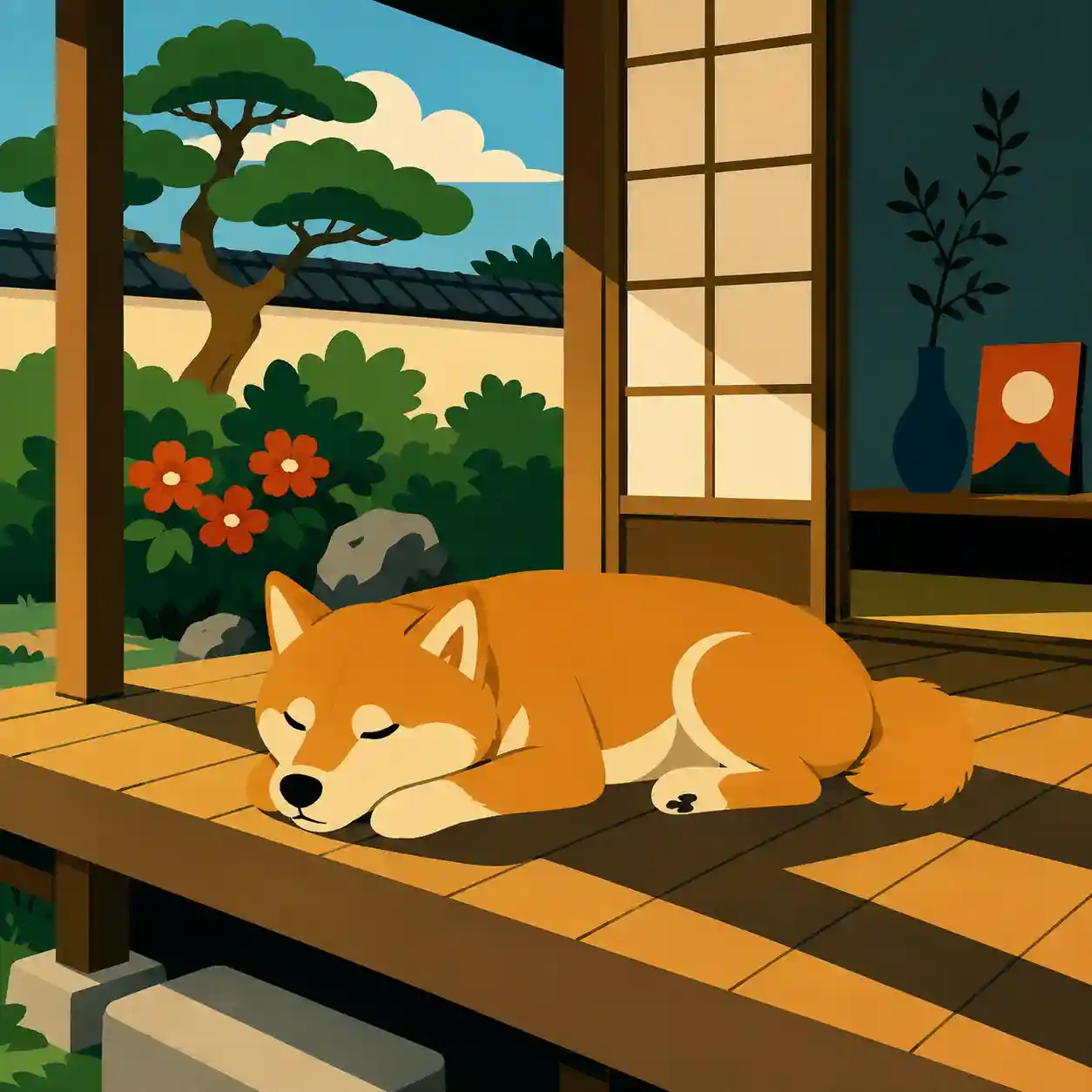 縁側で寝ている柴犬