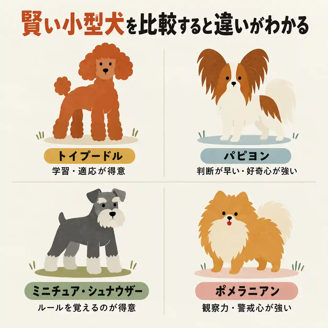 賢い小型犬4犬種の得意な賢さを比較したインフォグラフィック