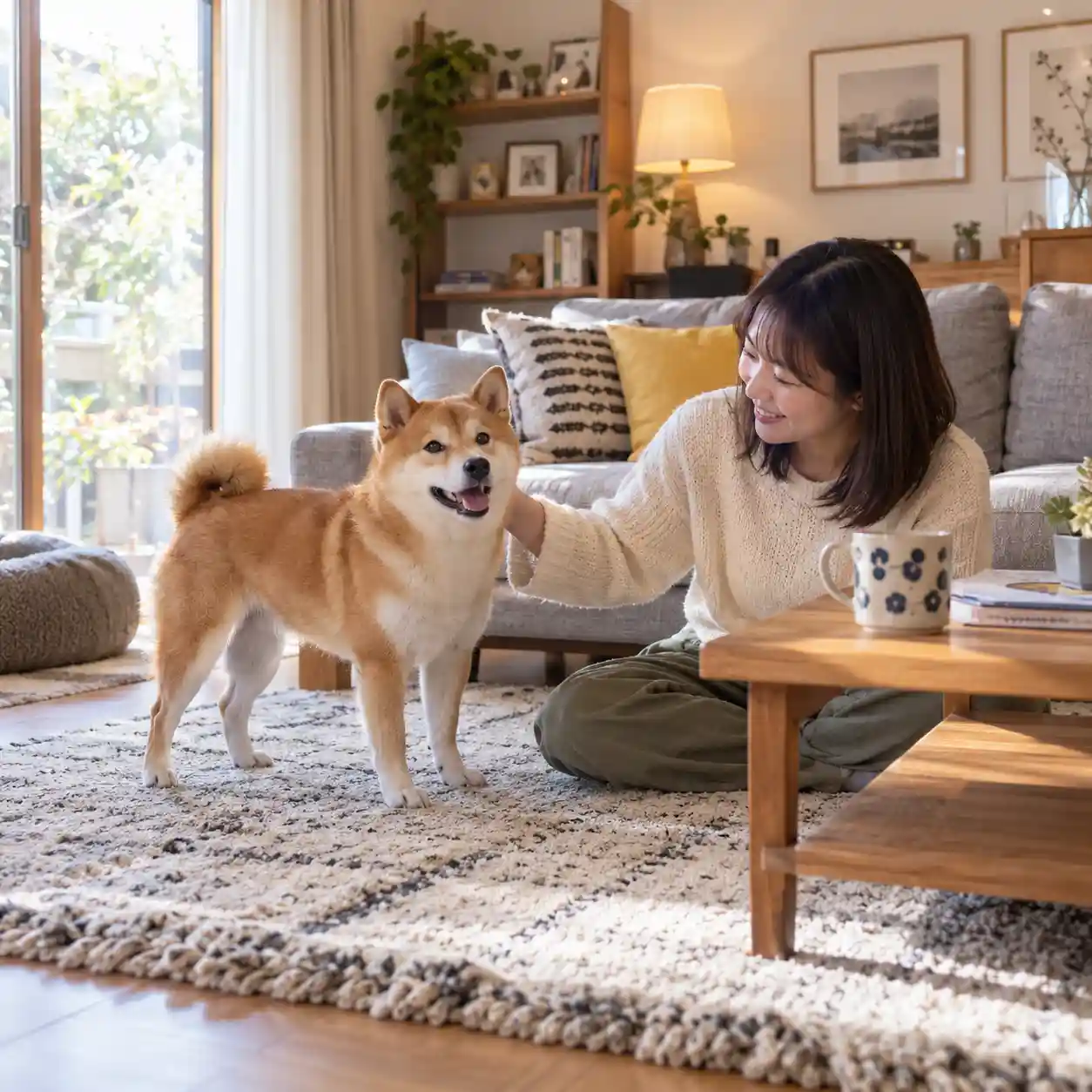 飼い主といる柴犬
