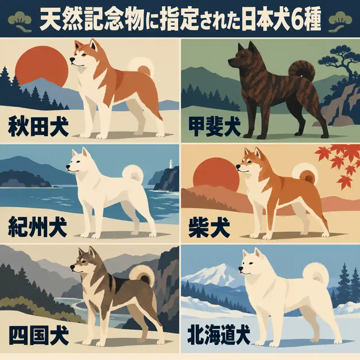 天然記念物に指定された秋田犬・甲斐犬・紀州犬・柴犬・四国犬・北海道犬の6種を比較したイラスト一覧