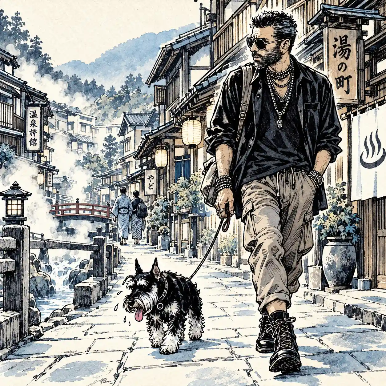 観光地でばてている犬