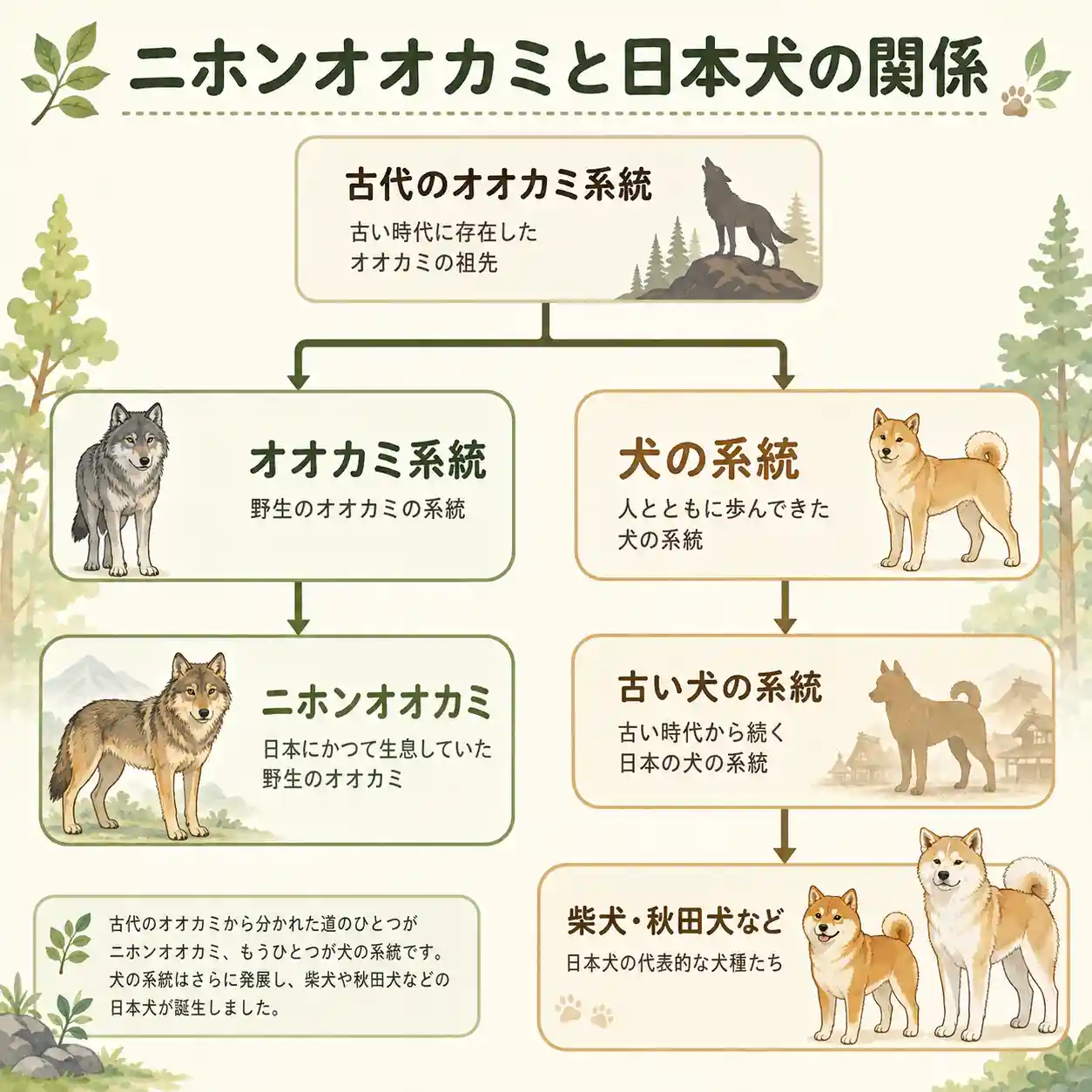 ニホンオオカミと日本犬の系統関係を示す図。古代のオオカミ系統から、ニホンオオカミと犬の系統に分かれ、柴犬や秋田犬などへ続く流れを紹介。