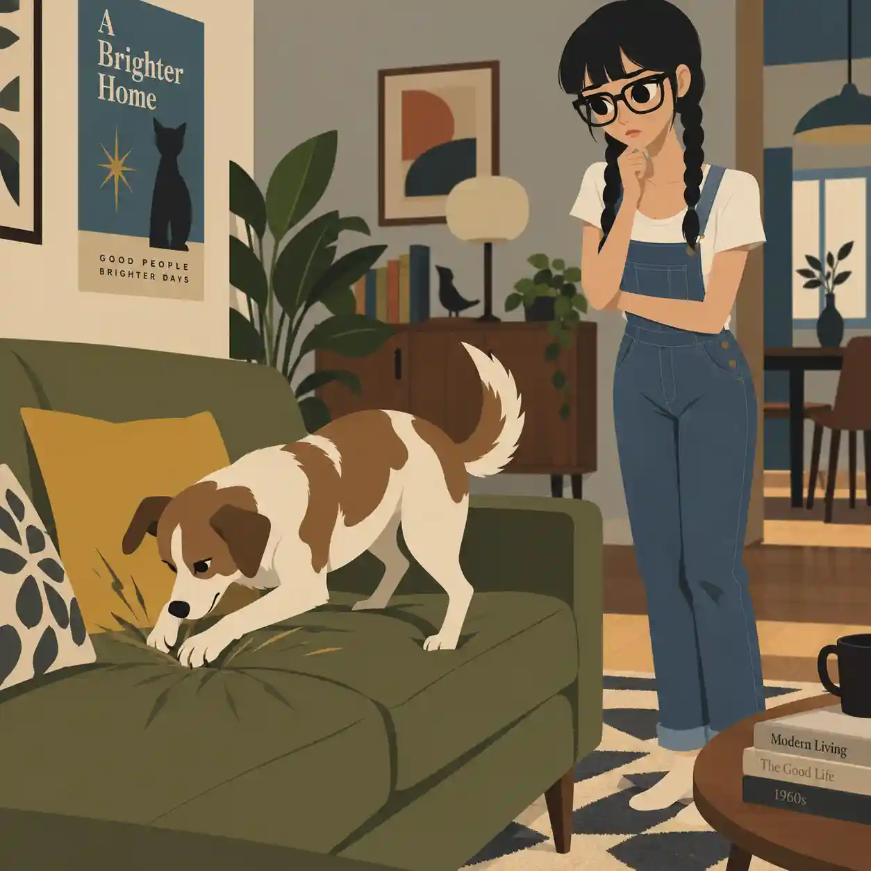 ソファを掘っている犬　困っている女子