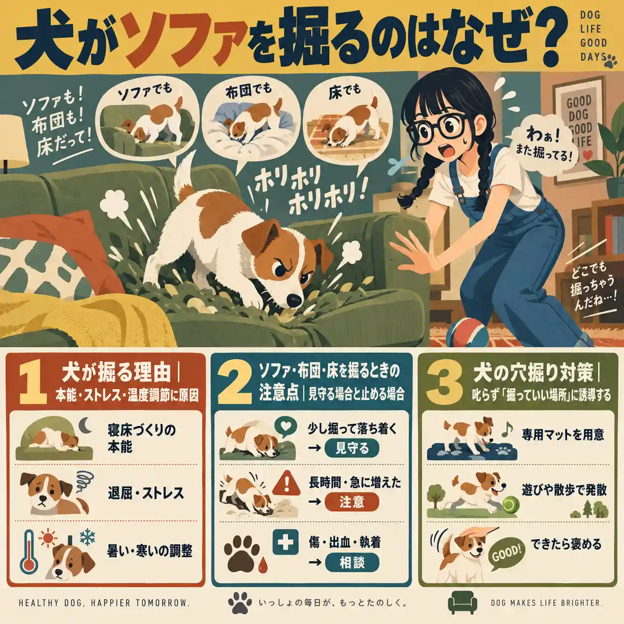 犬がソファを掘る理由と対策をまとめたインフォグラフィック。ジャックラッセルがソファを掘り、慌てる飼い主の女性とともに、本能・ストレス・温度調節、見守る目安、掘ってよい場所へ誘導する対策を3項目で紹介している。