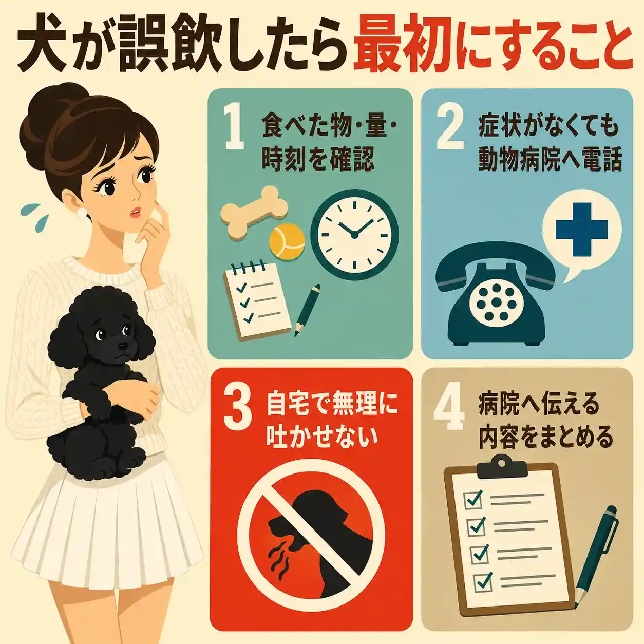犬が誤飲したときの確認事項と動物病院への連絡、無理に吐かせない対応を示すインフォグラフィック