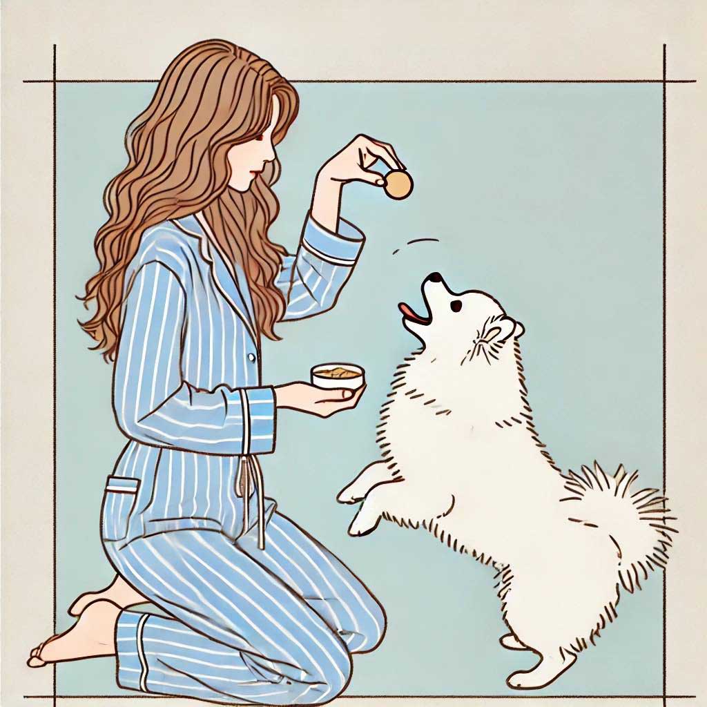 おやつで犬を釣っている飼い主