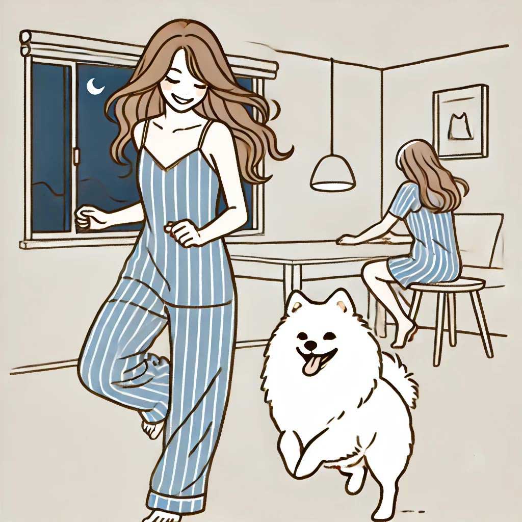 夜家の中でハリリ回っている犬