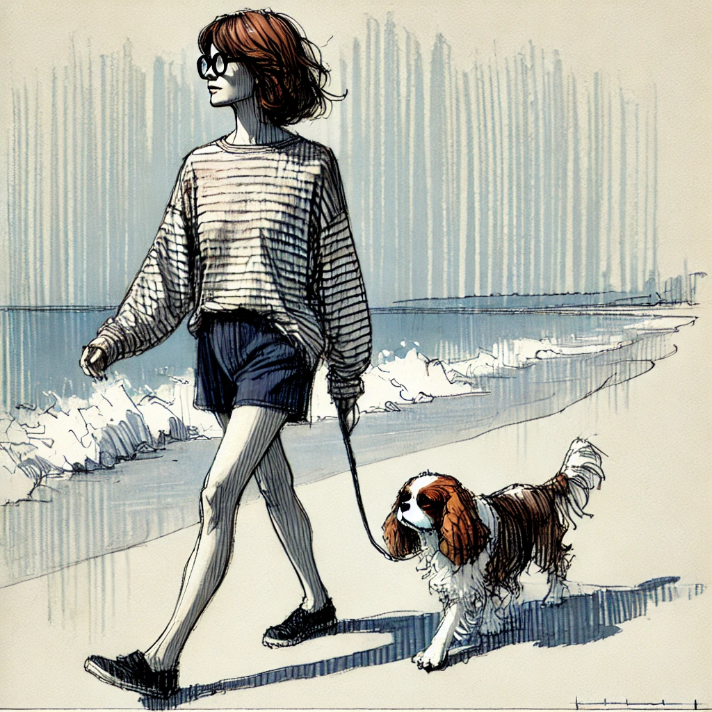 浜辺を犬と散歩する女性