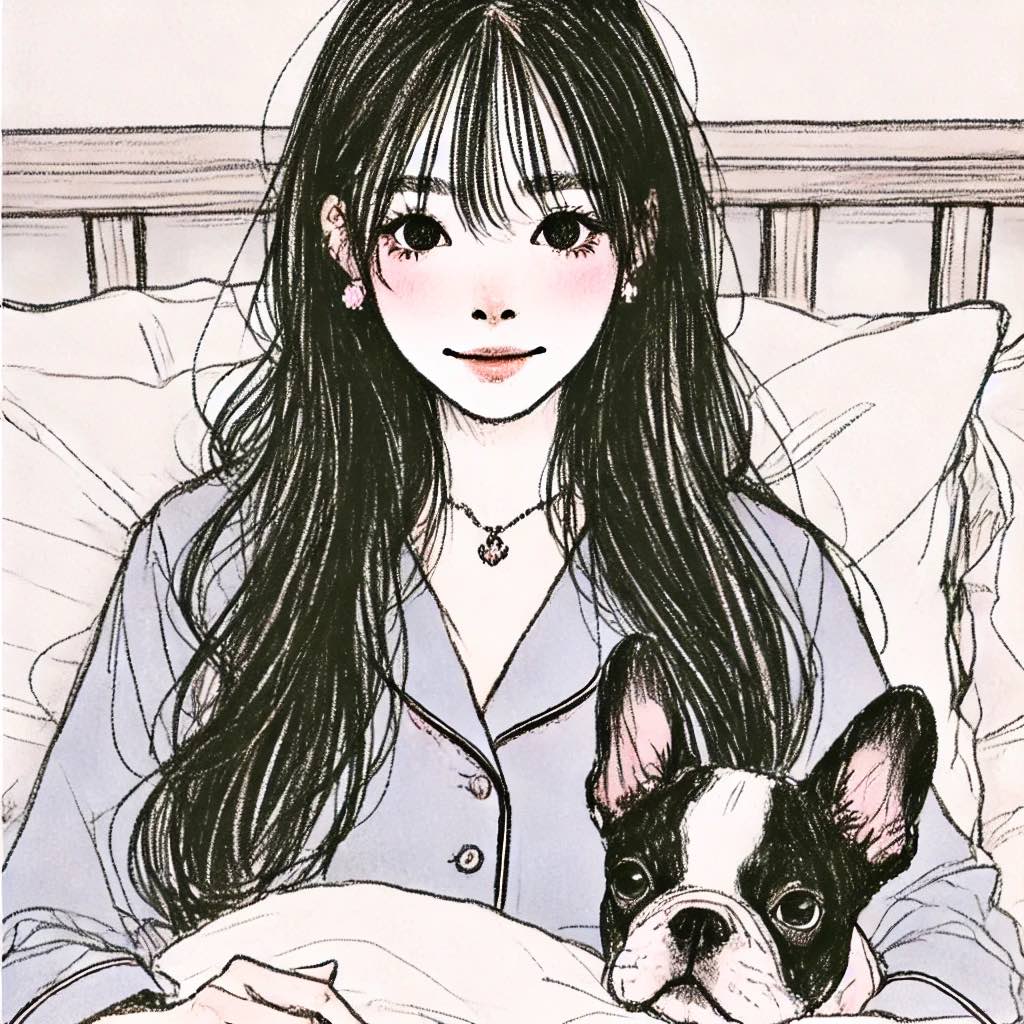 一緒に寝ている犬と女性