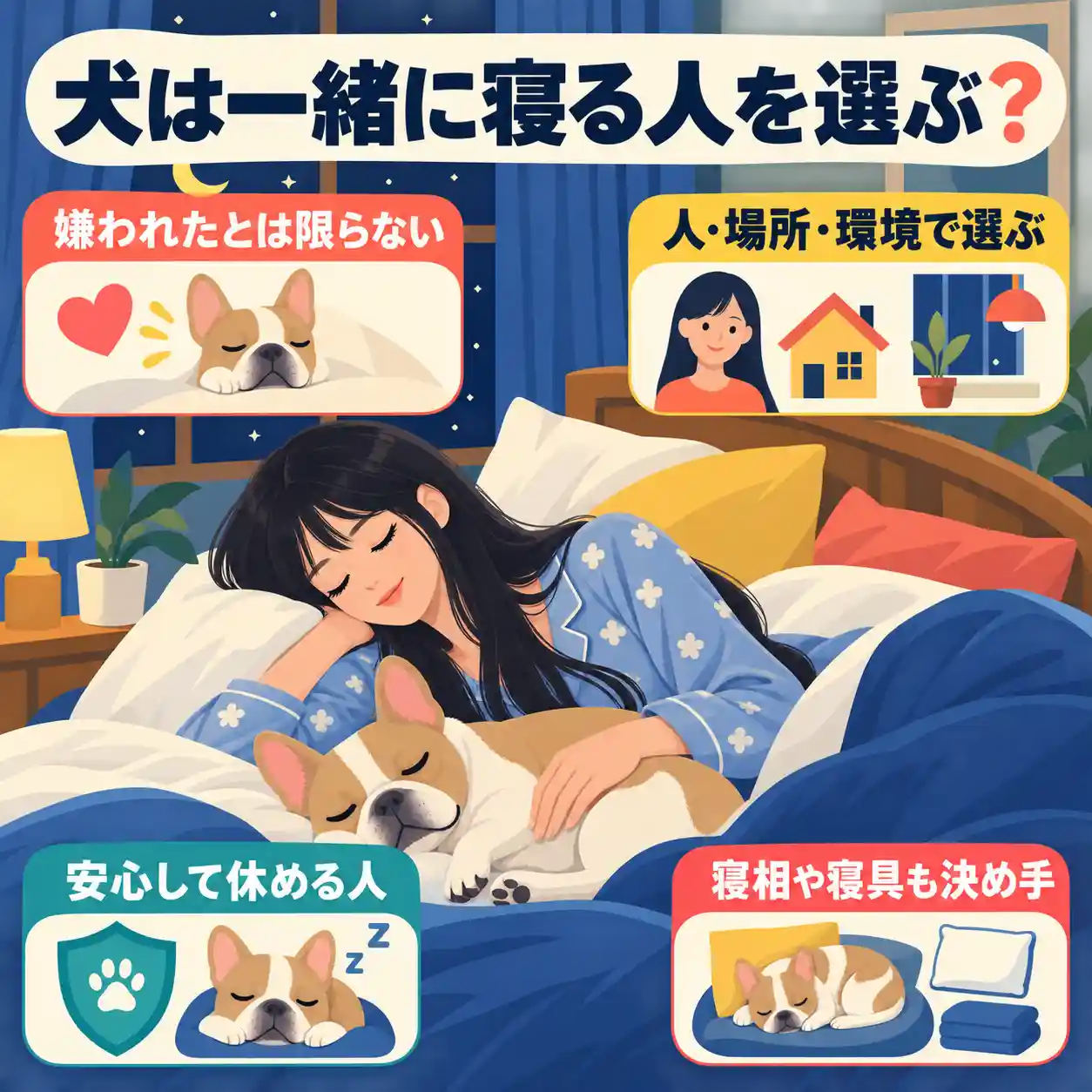 若い女性とフレンチブルドッグがベッドで眠る、犬が一緒に寝る人を選ぶ理由のインフォグラフィック