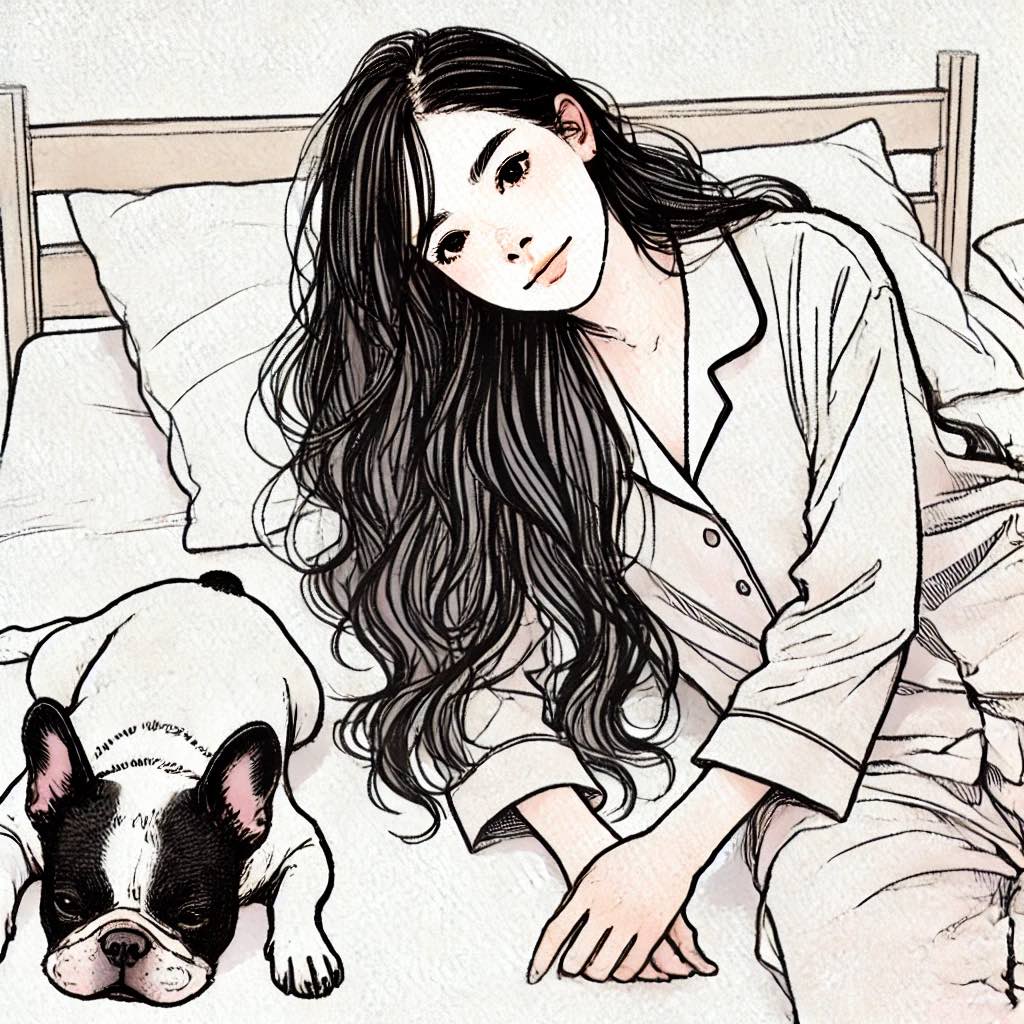 ベッドに犬と一緒にいる女性