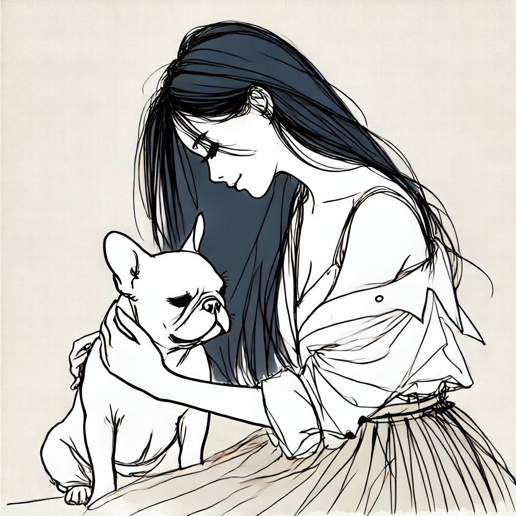 フレンチブルを抱きしめている女性の飼い主