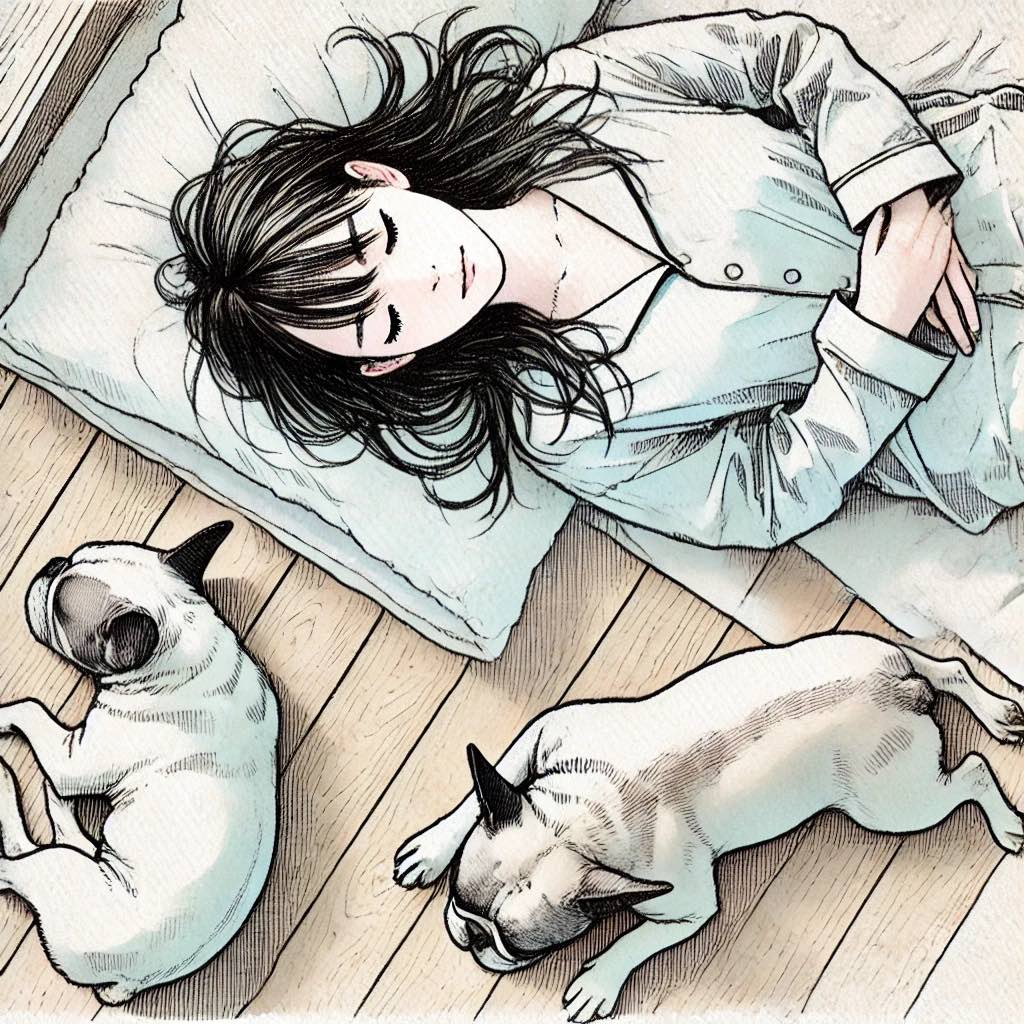 犬と一緒に寝ている女性