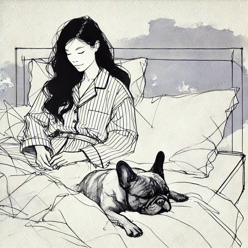 ベッドで犬と一緒に寝ている女性