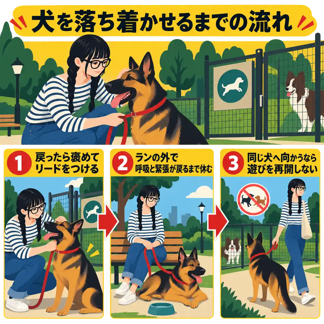 ドッグランで犬を呼び戻してリードをつけ、外で休ませて遊びの再開を判断する流れを示す図