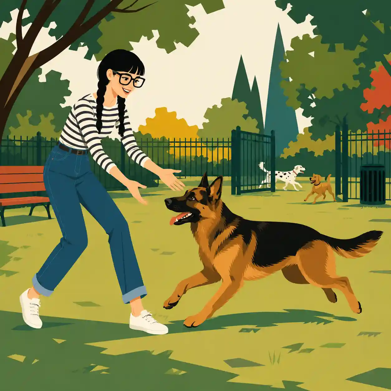 ドッグランを楽しむ犬と女子