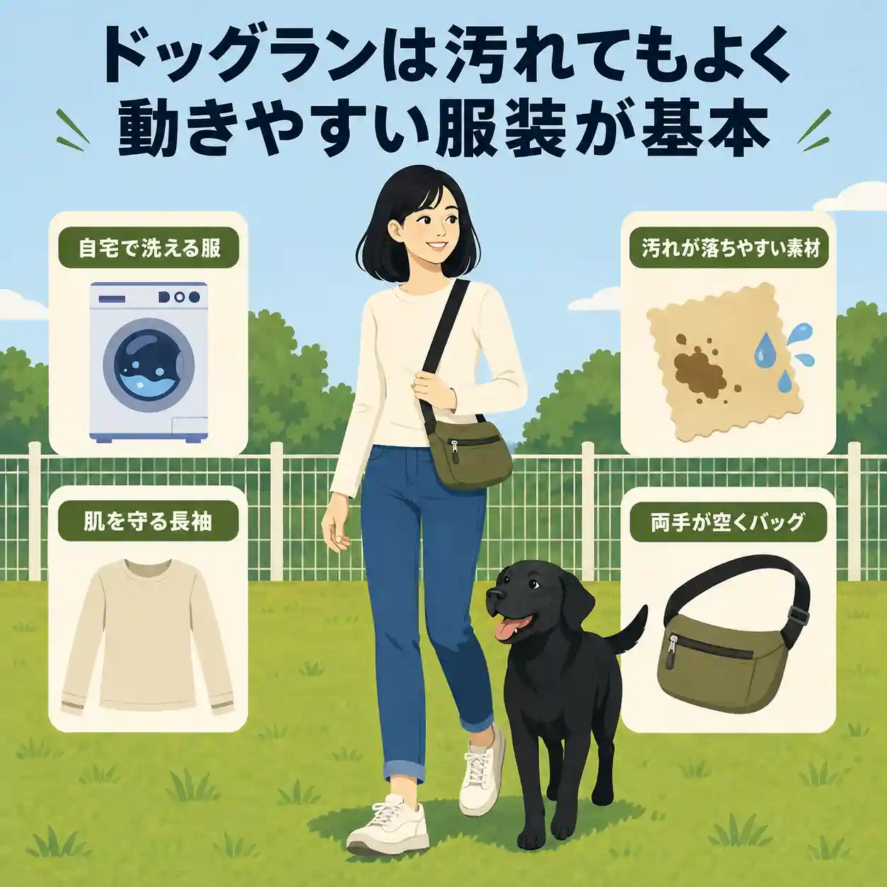 ドッグランで黒ラブと歩く女性と、洗える服・汚れに強い素材・長袖・斜めがけバッグを示した服装ガイド。