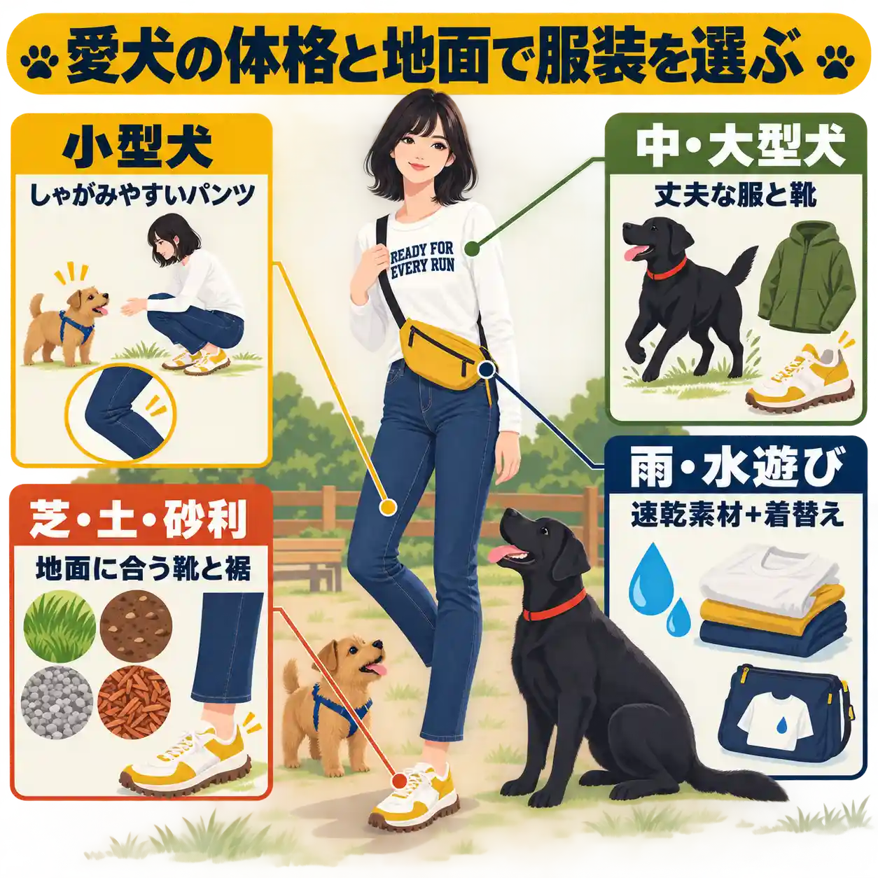 若い女性の服装を中心に、犬の体格や地面に合わせたドッグランコーデを示す図解