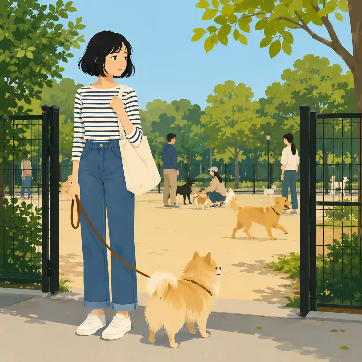 初めてのドッグラン　不安そうな女子と犬
