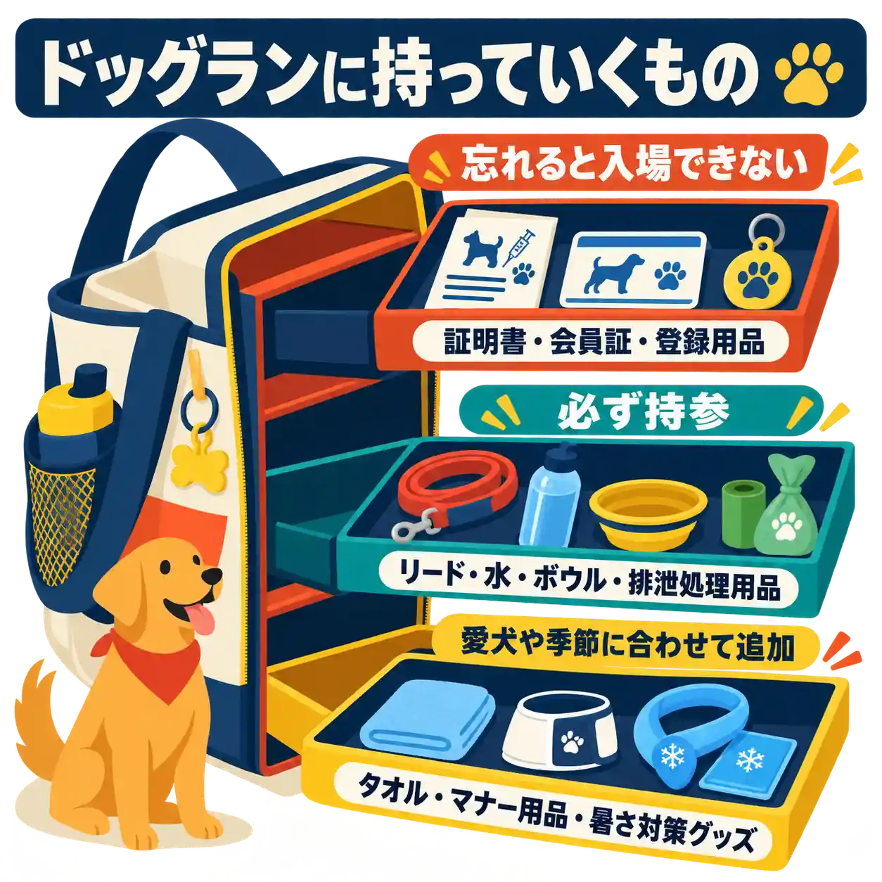 ドッグランに持っていく証明書、リード、水、排泄処理用品、タオル、暑さ対策グッズをバッグの引き出し別に示したイラスト。